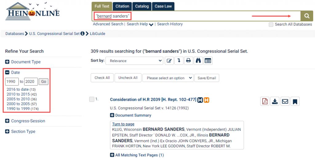 Screenshot of U.S. Congressional Serial Set LibGuide Search