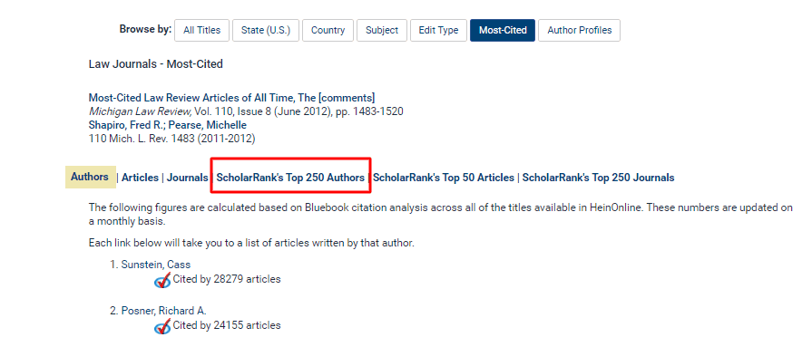 Law Journal Library featuring ScholarRank's Top 250 Authors