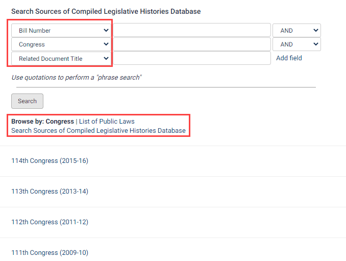 Screenshot of Search Options for Sources of Compiled Legislative History