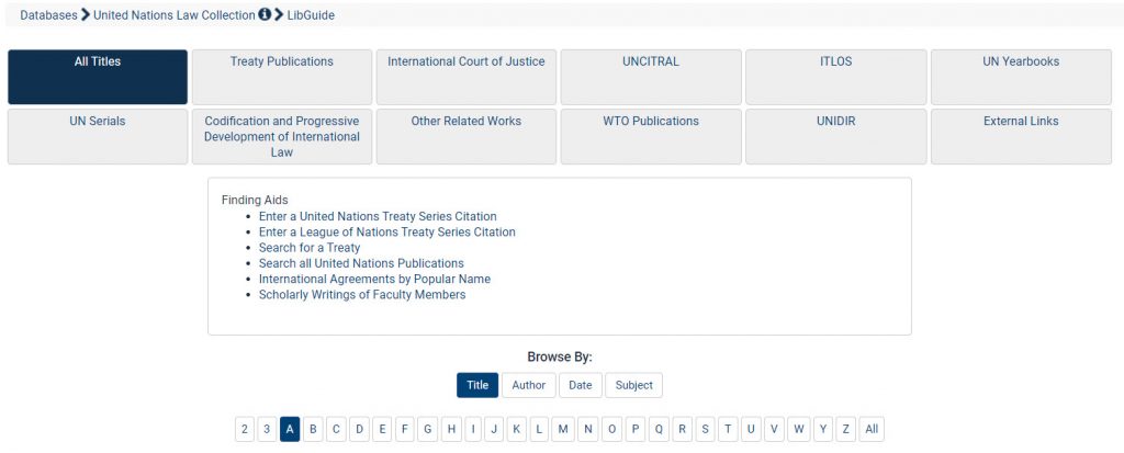Screenshot of United Nations Law Collection LibGuide