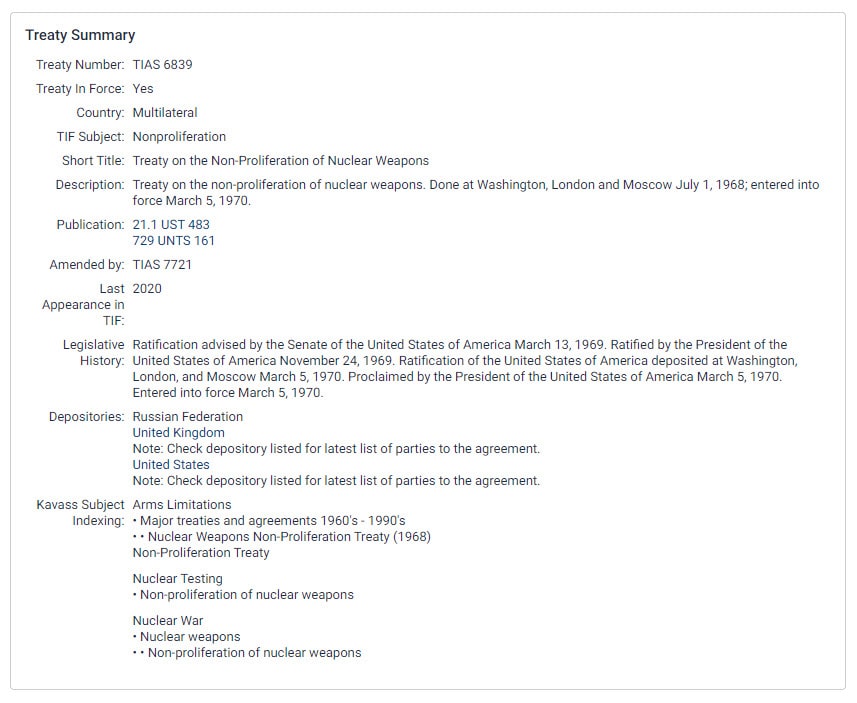 Screenshot of Summary Pages including all of the metadata surrounding the treaty