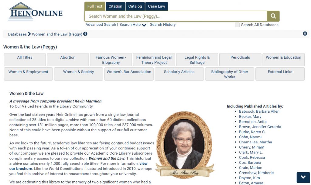 Screenshot of Women and the Law (Peggy) collection in HeinOnline