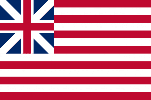 Flag with thirteen alternating red and white stripes and a small Union Jack in the upper corner