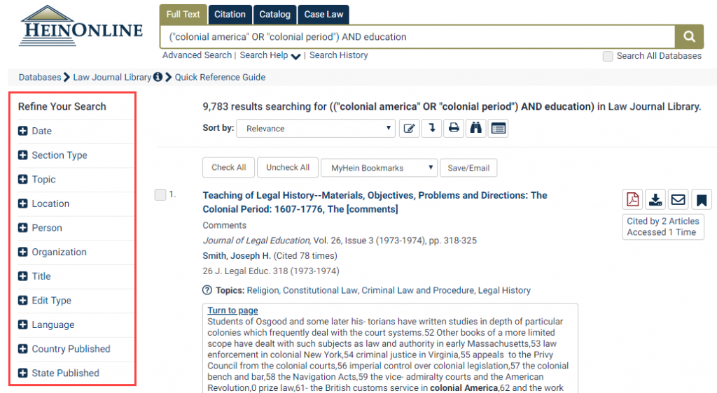 Screenshot of Refined Search in Law Journal Library HeinOnline