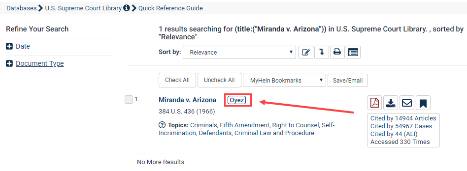 Screenshot of Quick Reference Guide in HeinOnline's U.S. Supreme Court Library