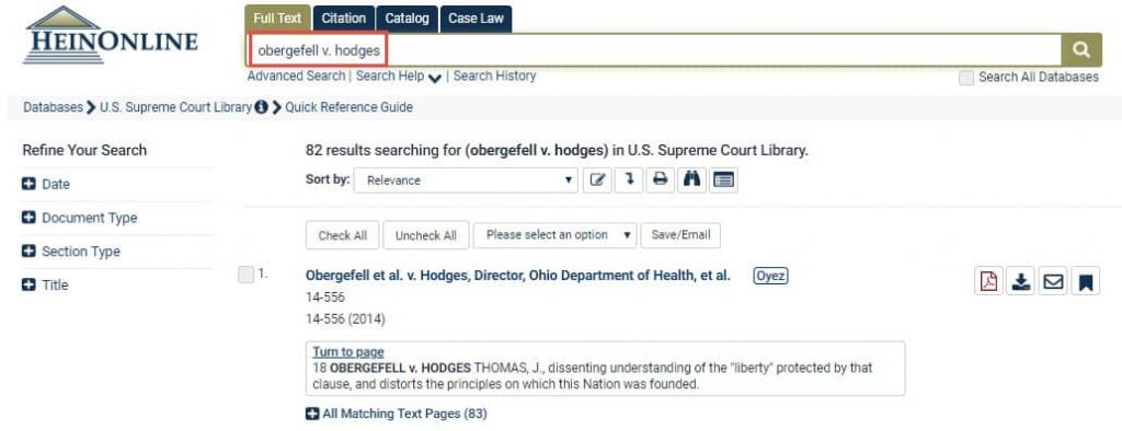 Screenshot of search results in the U.S. Supreme Court Library