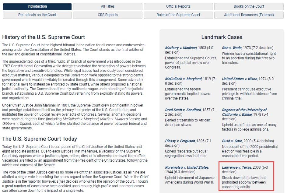 Screenshot of History of the U.S. Supreme Court landing page