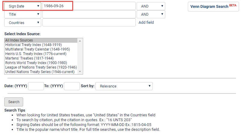 Screenshot of world treaties signed on that date search in HeinOnline