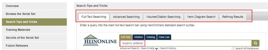 Screenshot of Search Tips and Tricks in HeinOnline