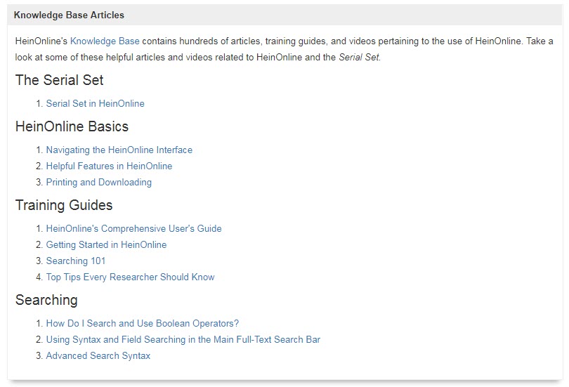 Screenshot of relevant Knowledge Base articles, training guides, and videos in HeinOnline