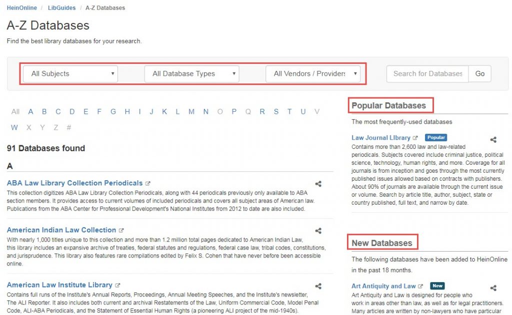 Screenshot of A-Z Database List in HeinOnline