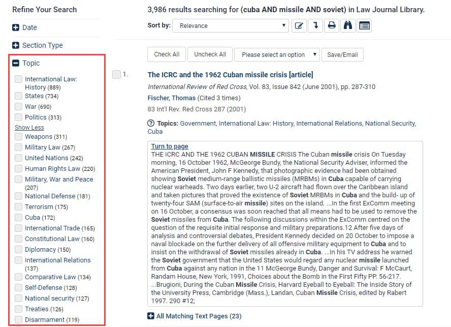Screenshot of Search results in HeinOnline's Law Journal Library