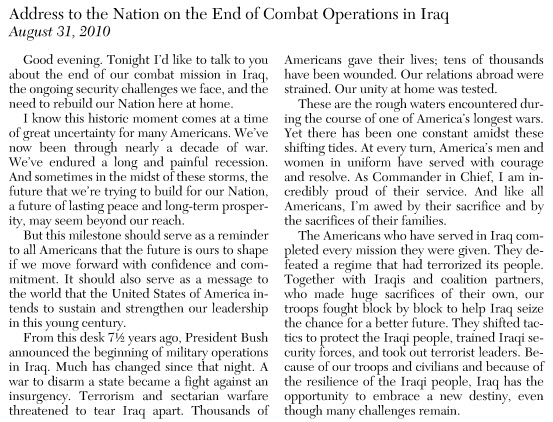 Screenshot of Obama shared the news that the nation’s combat mission in Iraq was over in HeinOnline