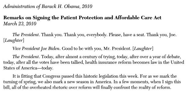 Screenshot of President Obama’s remarks on its passage in HeinOnline