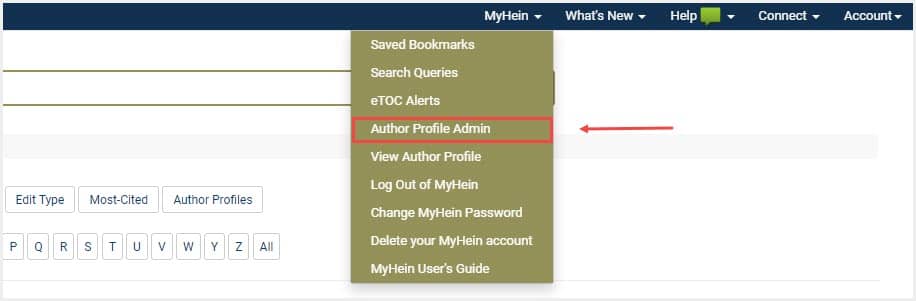 Screenshot showing Author Profile Admin from the MyHein drop down option