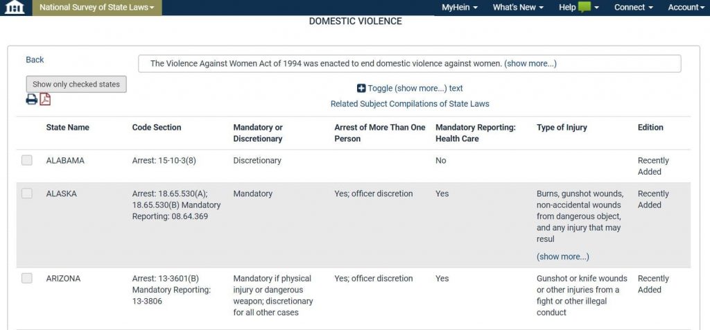 Screenshot of Domestic Violence in National Survey of State Laws