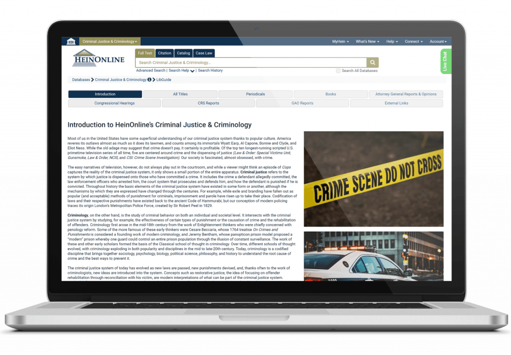 Laptop with screenshot of Criminal Justice & Criminology welcome page