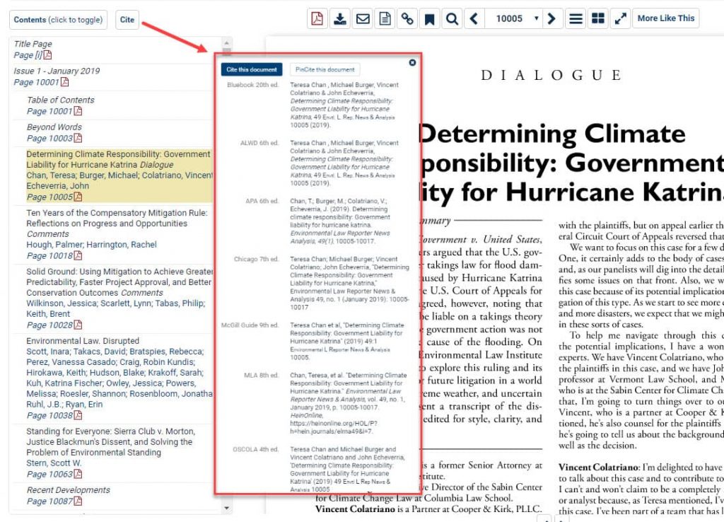 HeinOnline article screenshot showing the citation pop-up screen