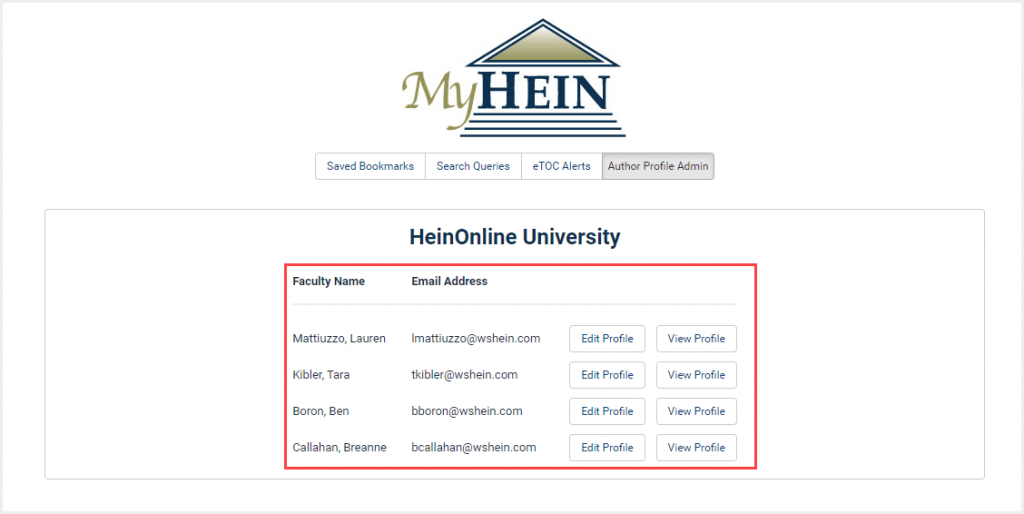 MyHein Author Profile Admin portal for institutions