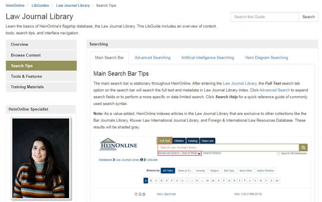 Screenshot of Law Journal Library LibGuide