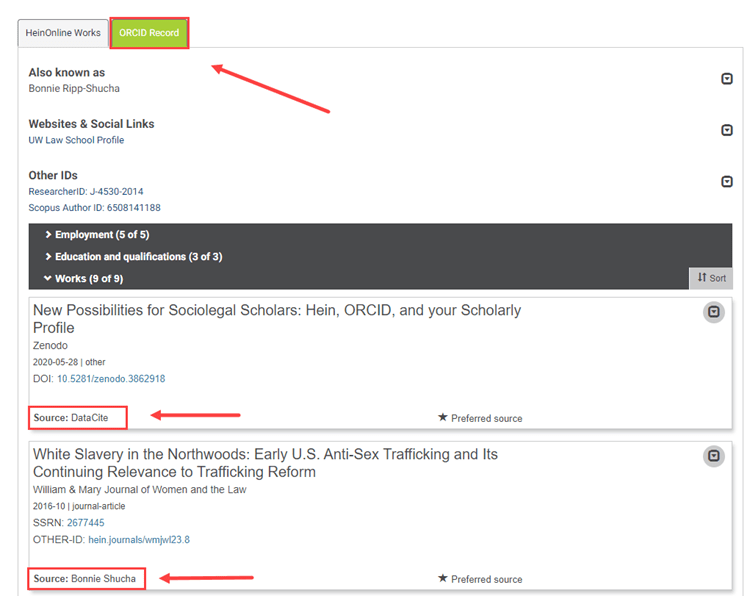 Screenshot of New ORCID Record Tool in HeinOnline