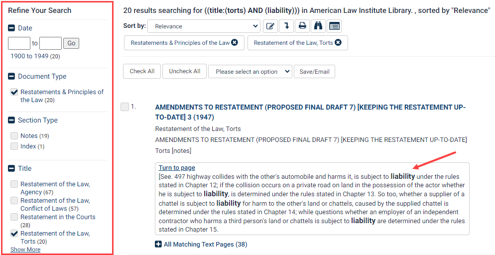Screenshot of search results in the American Law Institute Library featuring Refine your search