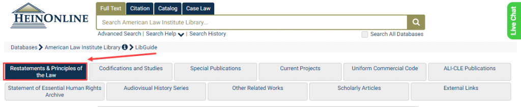 Screenshot of American Law Institute Library subcollection tabs