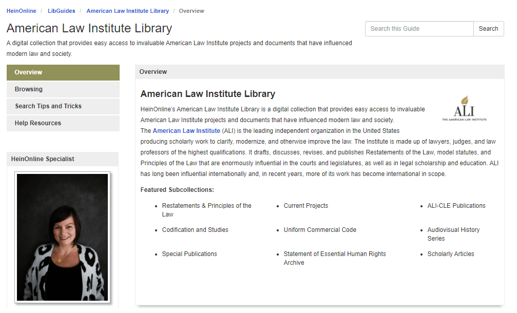 Screenshot of the American Law Institute Library LibGuide