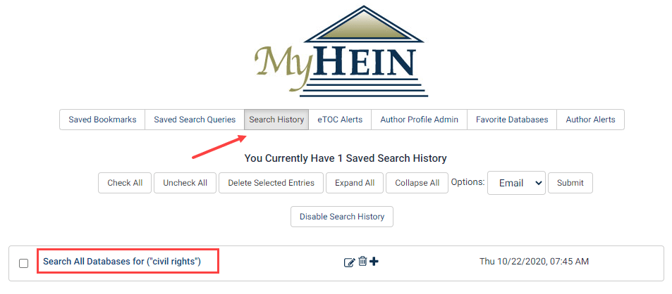 Screenshot of MyHein showing Search History