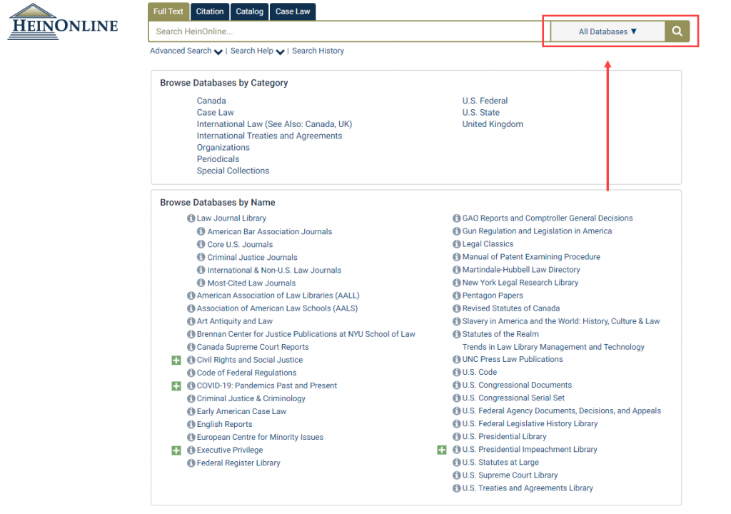 HeinOnline welcome page screenshot featuring the All Database drop down