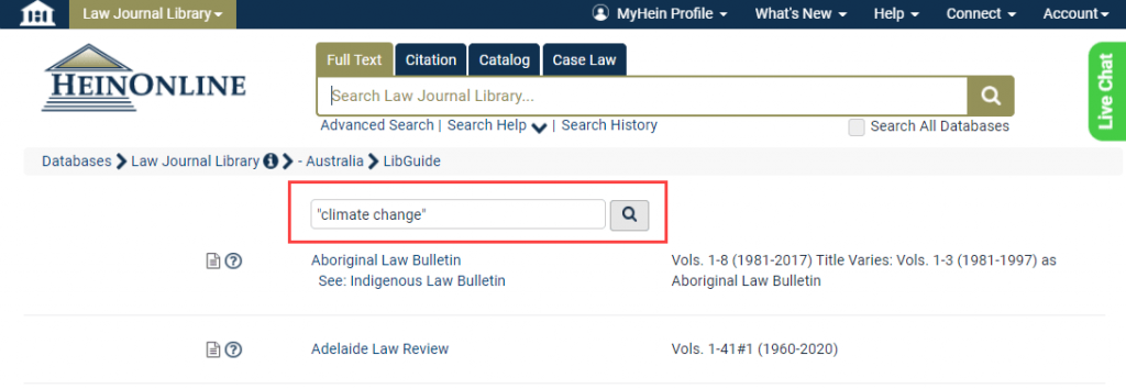 Screenshot of Australian journals within the Law Journal Library