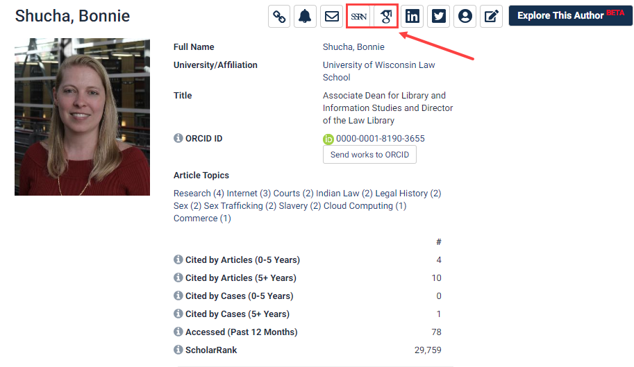 Return to that author’s profile page in HeinOnline to see that two new online profile icons have been added.