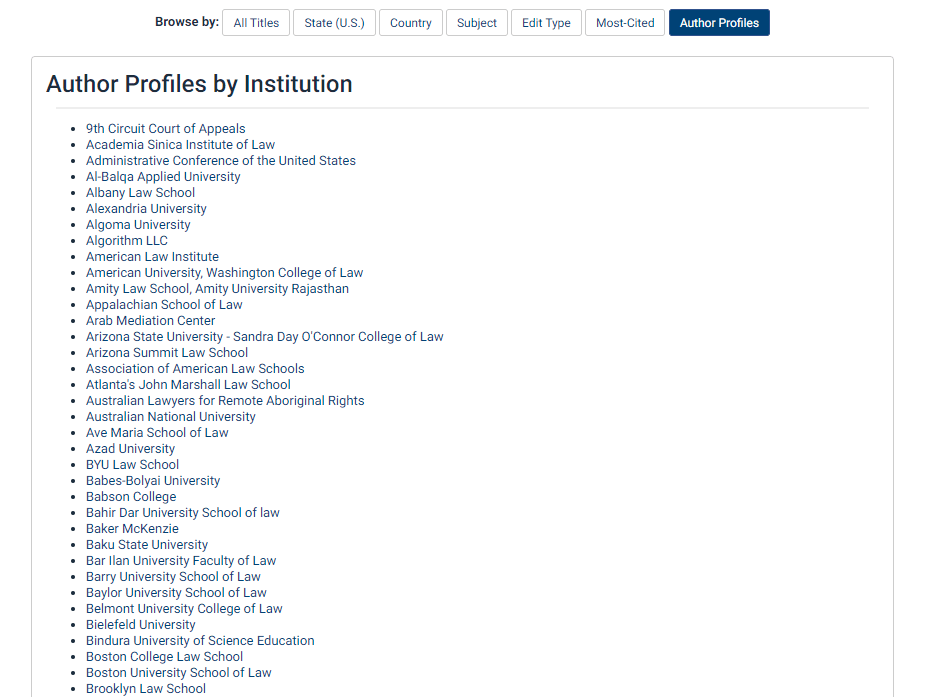 Screenshot of institutions for which author profiles exist in HeinOnline