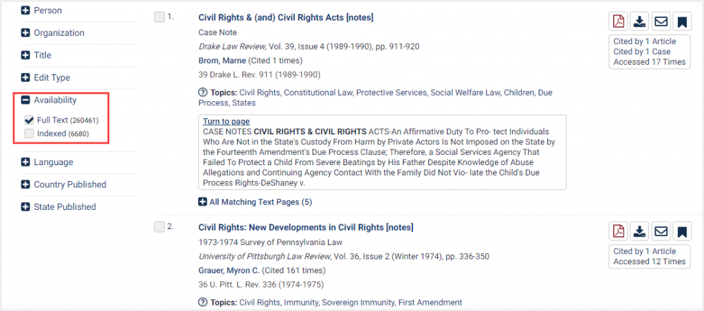 Screenshot of HeinOnline Law Journal Library search results showing Availability facet