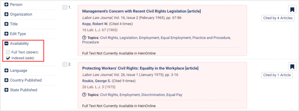 Screenshot of HeinOnline Law Journal Library search results showing only indexed entries