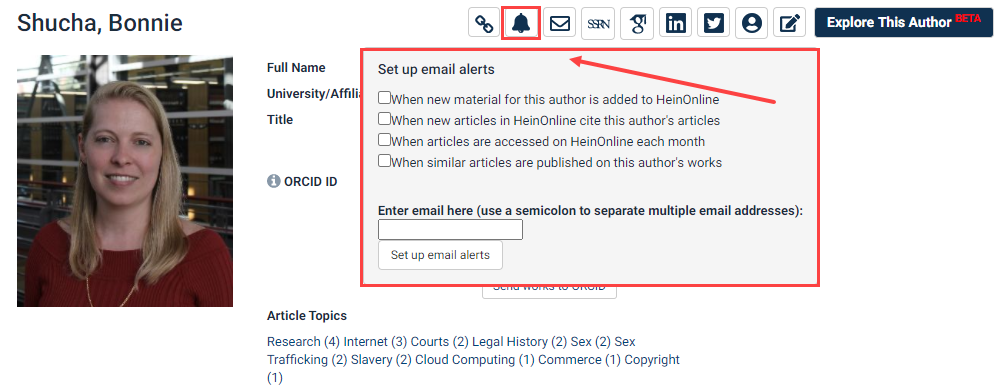 Screenshot of bell icon for email alerts in HeinOnline