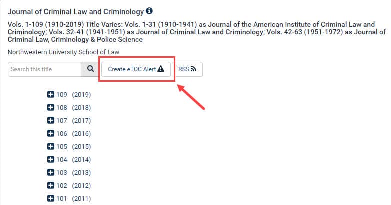 Screenshot of Create eTOC Alert Tool in HeinOnline