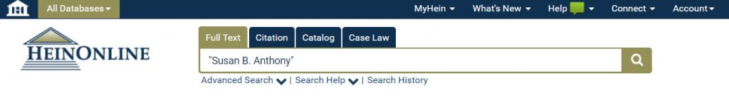 Screenshot of Susan B Anthony full text search in HeinOnline