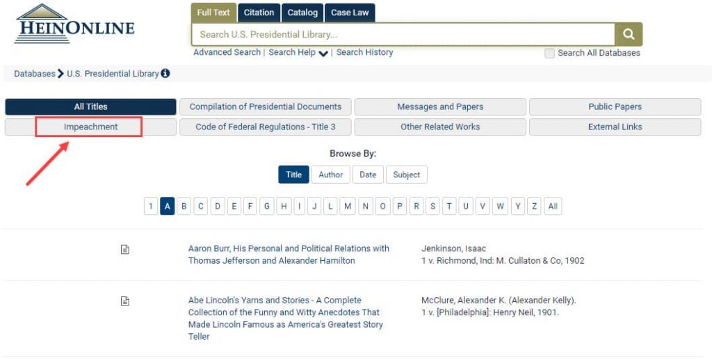 Screenshot of U.S. Presidential Library featuring new subcollection Impeachment