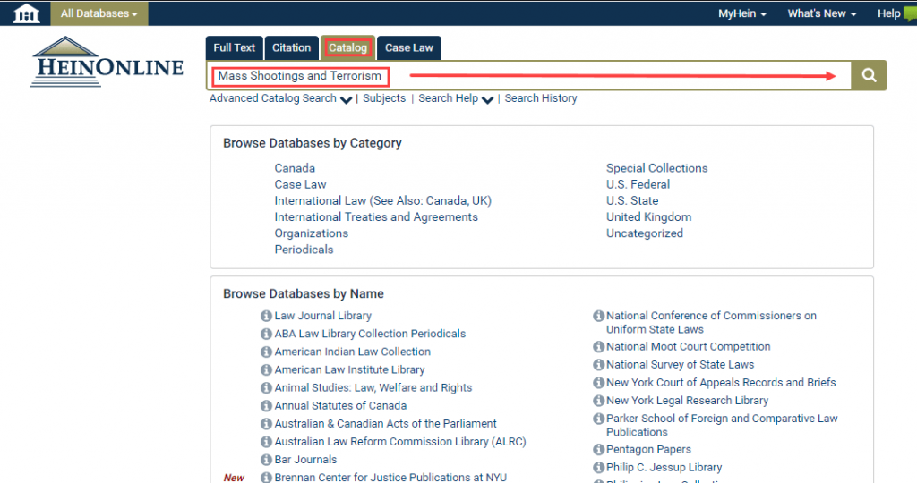 Screenshot of HeinOnline welcome page showing a search