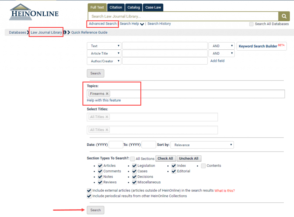 Screenshot of advanced search in the Law Journal Library