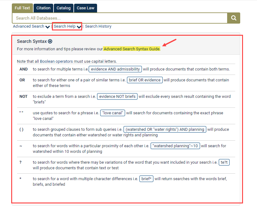Screenshot of Advanced Search Syntax Guide in HeinOnline