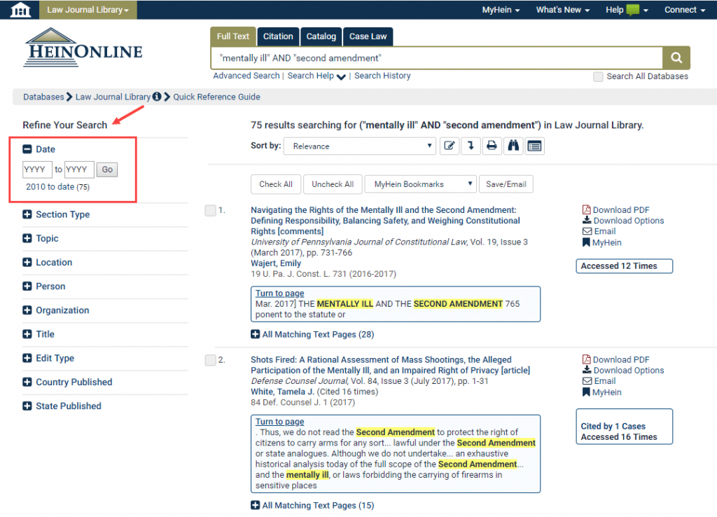 Screenshot of search results in the Law Journal Library