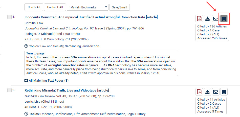 Screenshot of Full Text tab for “wrongful conviction rates DNA”~50 and choose Articles from the Section Type facet