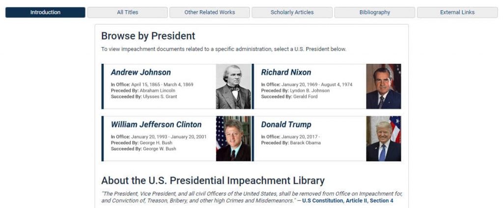 Screenshot of the U.S. Presidential Impeachment Collection welcome page