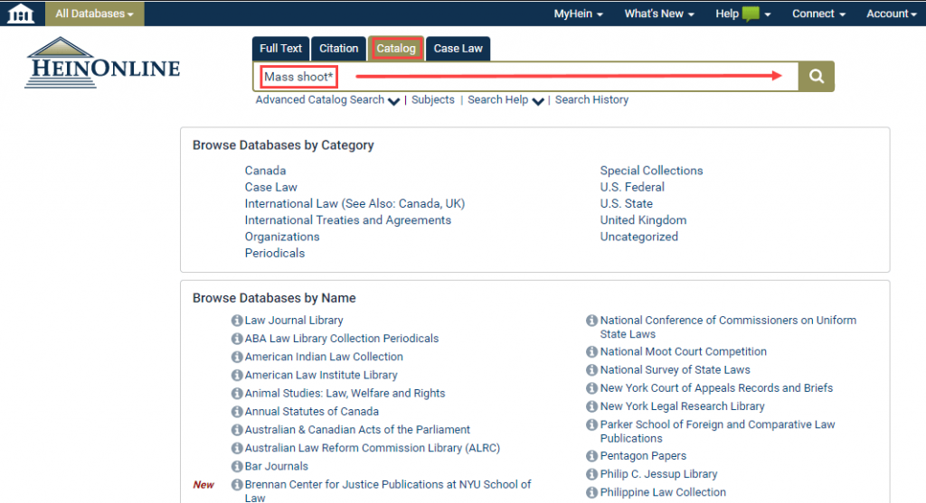 Screenshot showing a catalog search in HeinOnline