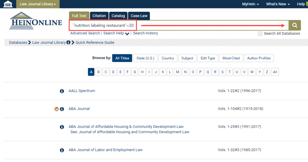 Screenshot of “nutrition labeling restaurant”~20 search in the Law Journal Library