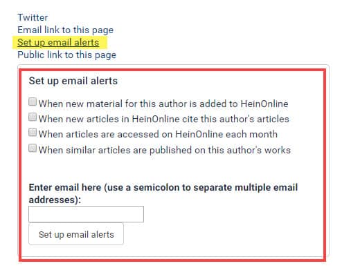 Screenshot of Set up email alerts in HeinOnline