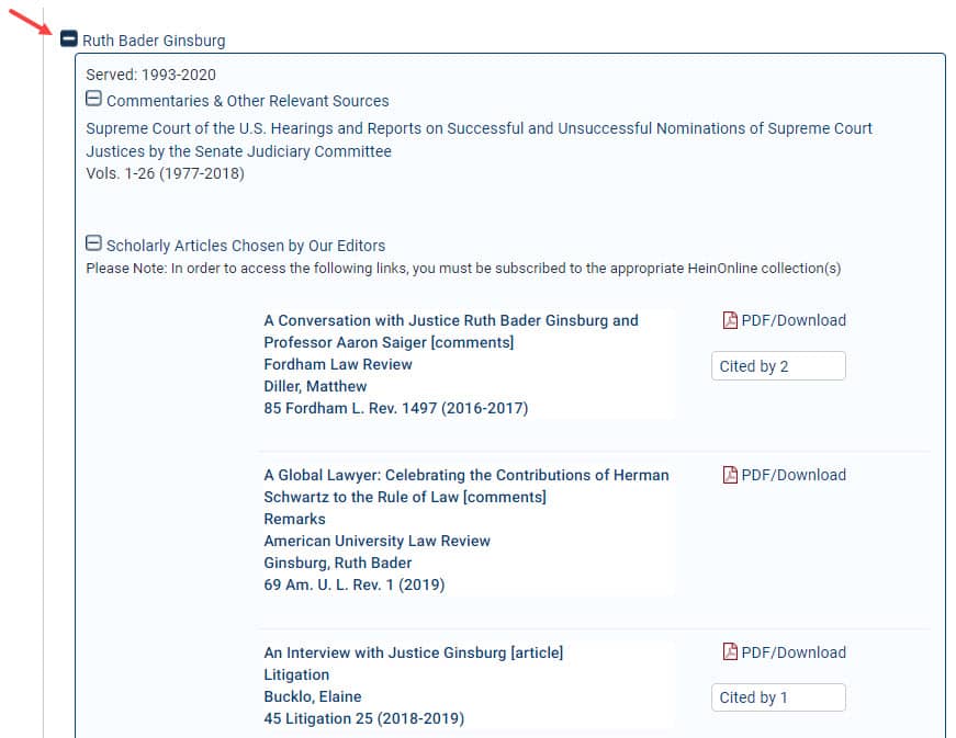 Screenshot of Ruth Bader Ginsburg files in the History of U.S. Supreme Court Nominations
