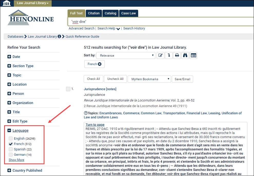 Screenshot showing language facet in Law Journal Library